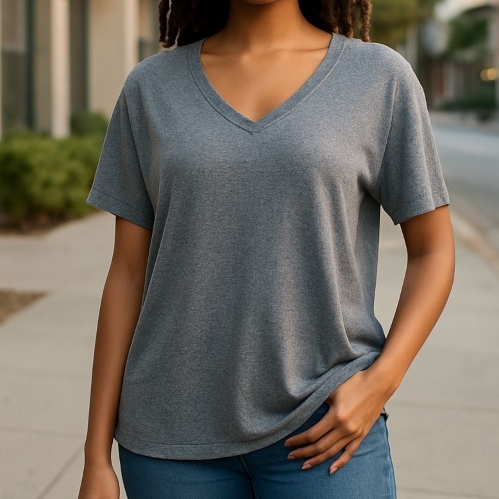 Caslon heather blue short sleeve v-neck sweater.